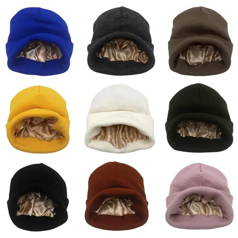 Gorro de Punto Cálido de Invierno para Mujer Hombre Con Forro de Satén Doble Capa Dobladillo Skull Cap para Cuidado del Cabello