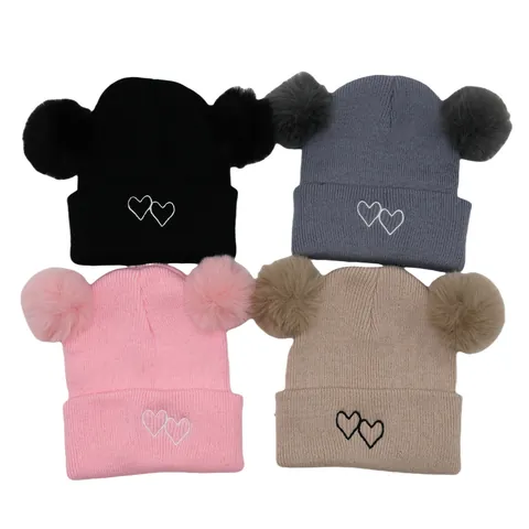 Kids Winter Warm Knitted Beanie Hat Double Pom Pom Faux Fur Ear Toddler Beanie With Heart Embroidery Soft Acrylic Cuffed Skull Cap