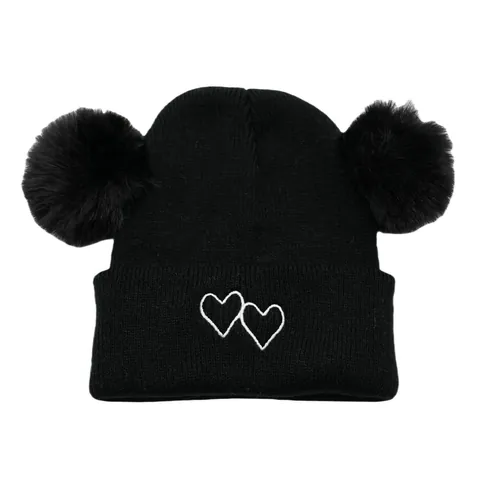 Kids Winter Warm Knitted Beanie Hat Double Pom Pom Faux Fur Ear Toddler Beanie With Heart Embroidery Soft Acrylic Cuffed Skull Cap