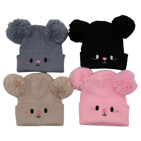 Cute Cartoon Bear Double Pom Pom Knitted Beanie For Kids Winter Warm Acrylic Ribbed Hat With Animal Embroidery