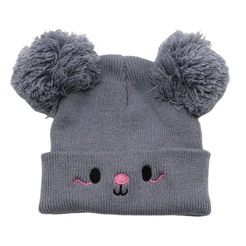 Cute Cartoon Bear Double Pom Pom Knitted Beanie For Kids Winter Warm Acrylic Ribbed Hat With Animal Embroidery