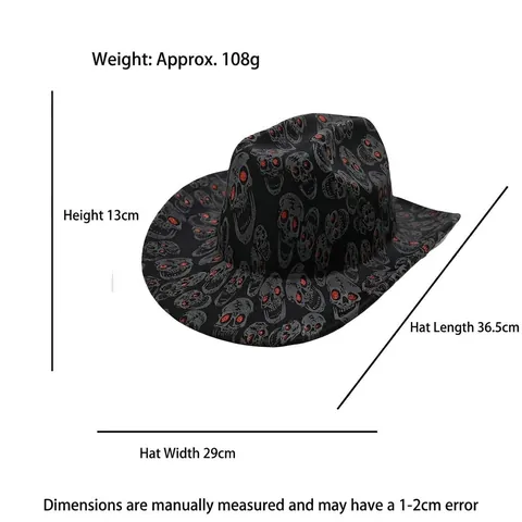 Western Cowboyhoed Polyester Schedel Print Halloween Feest Hoed Met Rode Glitter Ogen Gothic Brede Rand Kostuum Hoed Voor Mannen Vrouwen