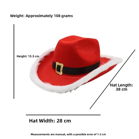 Christmas Red Western Cowboy Hat With White Faux Fur Trim And Black Decorative Band Gold Buckle Santa Party Costume Hat