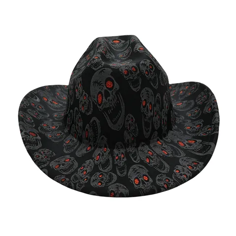 Western Cowboyhoed Polyester Schedel Print Halloween Feest Hoed Met Rode Glitter Ogen Gothic Brede Rand Kostuum Hoed Voor Mannen Vrouwen