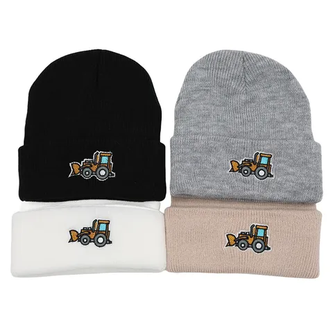 Bonnet en Tricot Acrylique Chaud d'Hiver pour Enfants Avec Broderie d'Excavatrice de Dessin Animé Coupe-vent Doux Bonnet à Revers pour Tout-petits Garçons Filles
