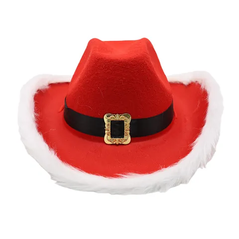 Cappello da Cowboy di Natale Rosso Con Bordo in Pelliccia Sintetica Bianca E Fascia Nera Fibbia Dorata Cappello da Babbo Natale
