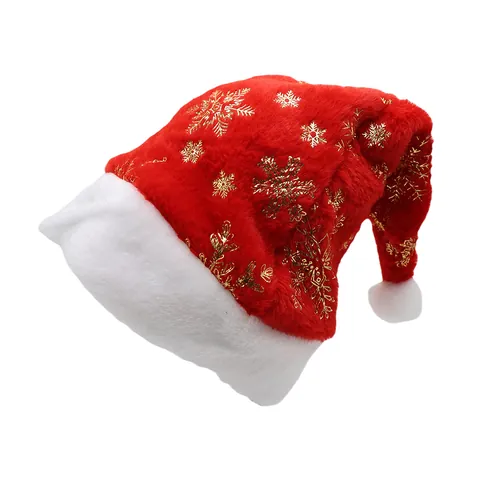 Gorro de Navidad de Felpa Rojo Blanco Gorro de Papá Noel Con Copo de Nieve Dorado Pluma Plateada Para Fiesta Decoración