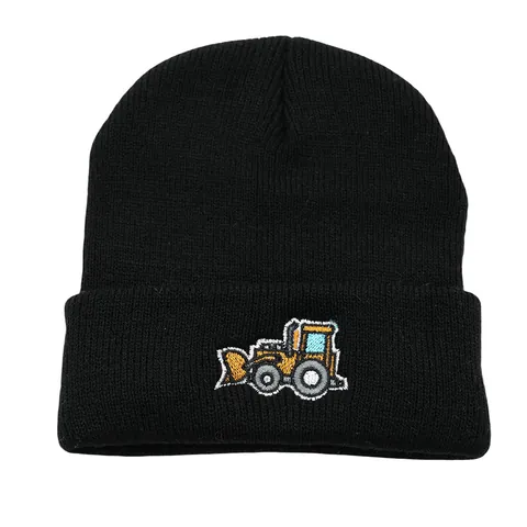 Bonnet en Tricot Acrylique Chaud d'Hiver pour Enfants Avec Broderie d'Excavatrice de Dessin Animé Coupe-vent Doux Bonnet à Revers pour Tout-petits Garçons Filles