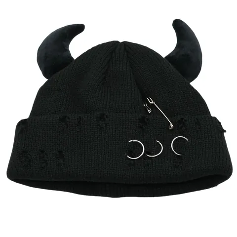 Little Devil Horns Knitted Beanie Hat Distressed Punk Style With Safety Pin Metal Rings For Men Women Halloween Beanie