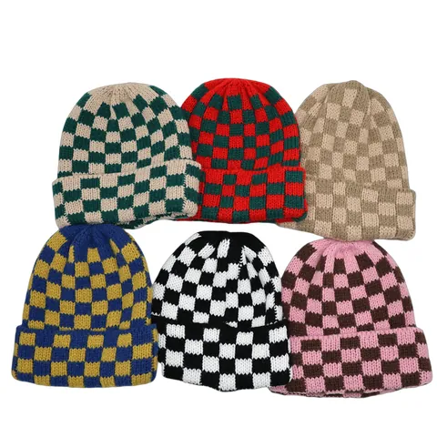 Schaakbord Gebreide Beanie Muts Voor Heren Dames Winter Warm Acryl Omslag Skull Cap Outdoor Mode Geblokte Hoofddeksels
