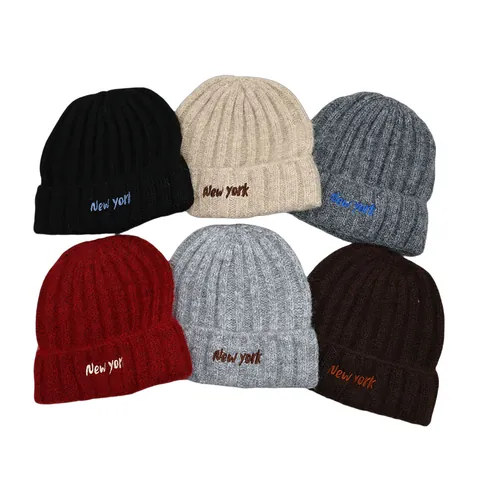 Berretto in Maglia Con Ricamo Lettera New York Unisex Cappello Invernale Caldo a Costine Con Risvolto per Uomo Donna