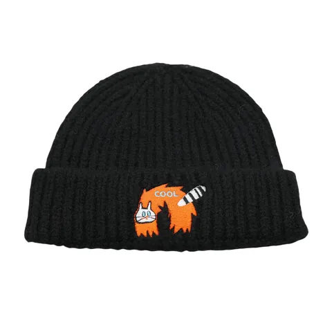 Berretto Beanie con Ricamo Gatto Cartone Animato Invernale Caldo Cappello in Maglia di Acrilico Con Patch Lettera COOL Risvolto per Uomo Donna