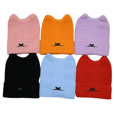 Winter Cat Ear Knitted Beanie Hat Cute Cartoon Cat Embroidery Warm Wool Skull Cap Pullover For Women Men