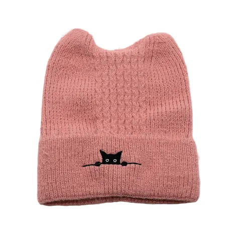 Winter Cat Ear Knitted Beanie Hat Cute Cartoon Cat Embroidery Warm Wool Skull Cap Pullover For Women Men