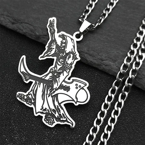 Gothic Punk Stainless Steel Grim Reaper Electric Guitar Pendant Necklace For Rapper Rock Music Fans Men Women Jewelry Hip Hop Jewelry