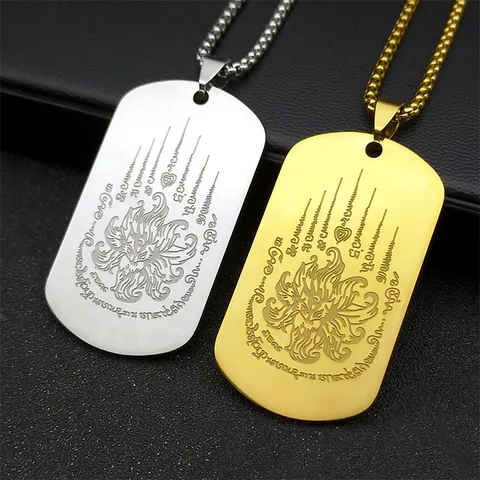 Stainless Steel Thai Scripture Lotus Mystical Beast Pendant Necklace Gold Silver Plated Religious Dog Tag Chain For Unisex