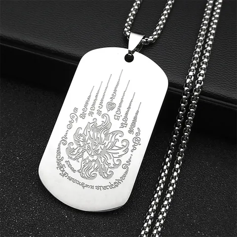 Stainless Steel Thai Scripture Lotus Mystical Beast Pendant Necklace Gold Silver Plated Religious Dog Tag Chain For Unisex