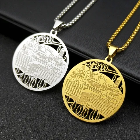 Stainless Steel Jerusalem City Skyline Pendant Necklace For Unisex Hollow Round Jerusalem Souvenir Religious Jewelry Gift