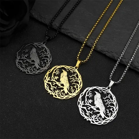 Collier Pendentif Creux Corbeau Gothique en Acier Inoxydable Bijoux Vintage Branche d'Arbre Rond Oiseau Pour Hommes Femmes Or Argent Noir