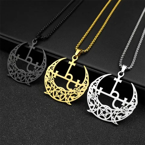 Collier Pendentif Sceau de Lilith en Acier Inoxydable Gothique Lune Étoile Rose pour Hommes Femmes Bijoux Mystiques Rétro