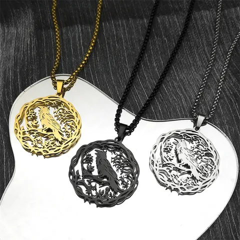 Collier Pendentif Creux Corbeau Gothique en Acier Inoxydable Bijoux Vintage Branche d'Arbre Rond Oiseau Pour Hommes Femmes Or Argent Noir