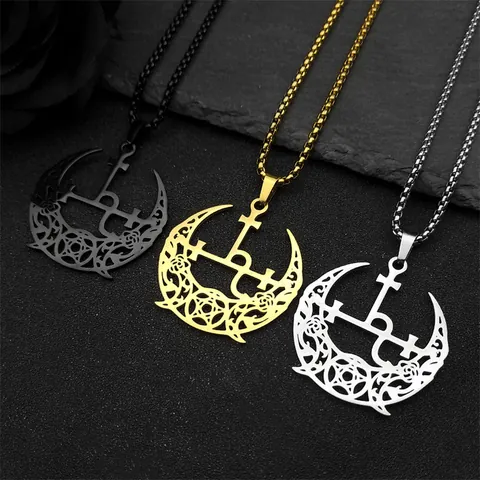 Collier Pendentif Sceau de Lilith en Acier Inoxydable Gothique Lune Étoile Rose pour Hommes Femmes Bijoux Mystiques Rétro