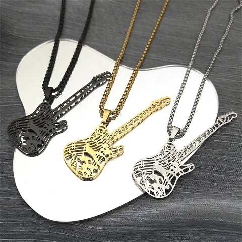 Collier Pendentif Guitare Vintage en Acier Inoxydable Design Note de Musique Creuse Chaîne Vénitienne Bijoux Pour Hommes Femmes