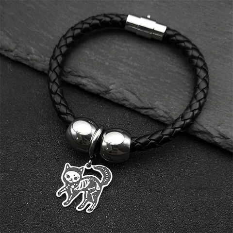 Pulsera de Cuero Trenzado con Colgante de Esqueleto de Gato de Acero Inoxidable Gothic Punk para Hombre Mujer Joyería Halloween