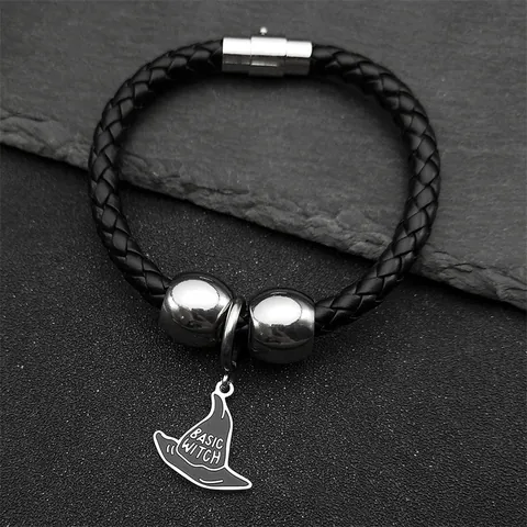 Pulsera de Cuero PU Trenzado Negro Retro para Hombre Con Hebilla Magnética de Acero Inoxidable Colgante de Sombrero de Bruja Halloween Joyería Punk