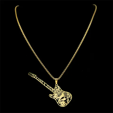 Collier Pendentif Guitare Vintage en Acier Inoxydable Design Note de Musique Creuse Chaîne Vénitienne Bijoux Pour Hommes Femmes
