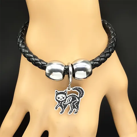 Pulsera de Cuero Trenzado con Colgante de Esqueleto de Gato de Acero Inoxidable Gothic Punk para Hombre Mujer Joyería Halloween