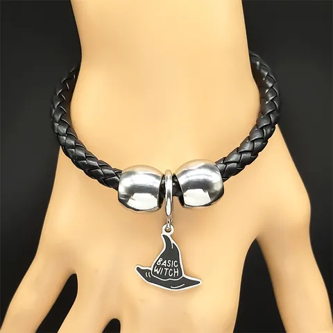 Pulsera de Cuero PU Trenzado Negro Retro para Hombre Con Hebilla Magnética de Acero Inoxidable Colgante de Sombrero de Bruja Halloween Joyería Punk
