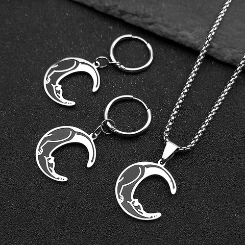 Gothic Stainless Steel Moon Cat Jewelry Set For Women Vintage Crescent Cat Pendant Necklace And Hoop Earrings Minimalist Jewelry