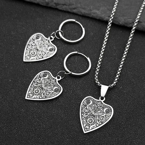 Gothic Stainless Steel Jewelry Vintage Heart Crescent Moon Sun Pendant Box Chain Necklace And Hoop Earrings Women Silver Tone
