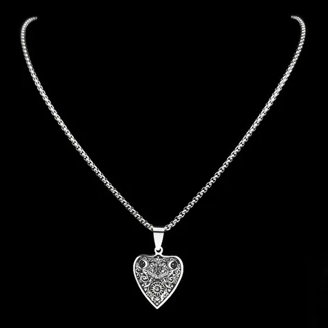 Gothic Stainless Steel Jewelry Vintage Heart Crescent Moon Sun Pendant Box Chain Necklace And Hoop Earrings Women Silver Tone