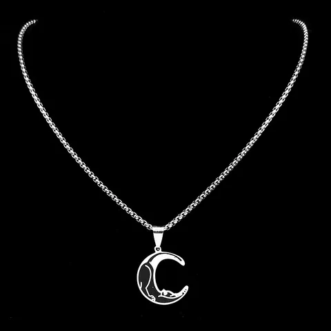 Gothic Stainless Steel Moon Cat Jewelry Set For Women Vintage Crescent Cat Pendant Necklace And Hoop Earrings Minimalist Jewelry
