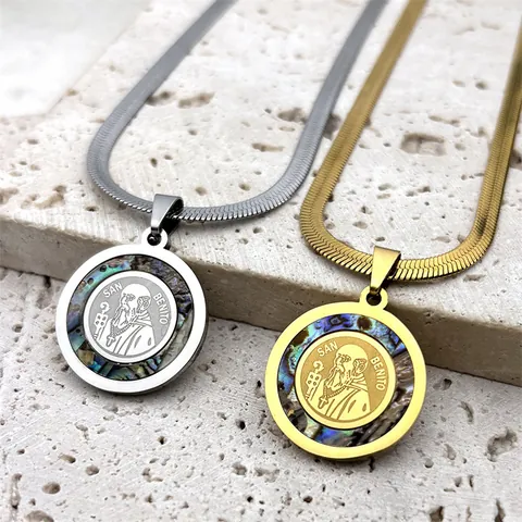 Vintage Stainless Steel San Benito Medallion Necklace With Abalone Shell Inlay Religious Gold Silver Plated Jewelry For Men Women
