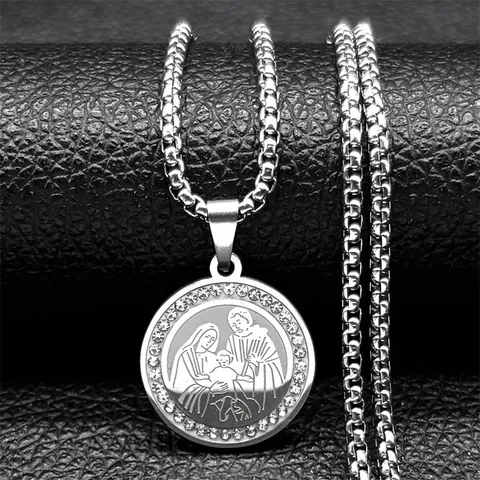 Vintage Stainless Steel Holy Family Religious Medallion Necklace 18K Gold Plated Rhinestone Round Pendant Box Chain Jewelry