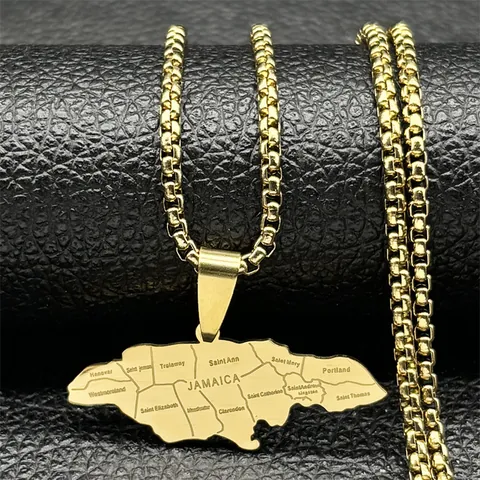 Vintage Stainless Steel Jamaica Map Pendant Necklace With Box Chain For Men Women Ethnic Style Geography Jewelry National Souvenir Gift