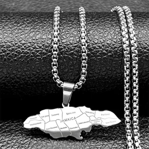 Vintage Stainless Steel Jamaica Map Pendant Necklace With Box Chain For Men Women Ethnic Style Geography Jewelry National Souvenir Gift