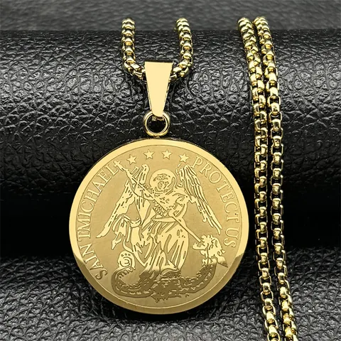Saint Michael Protect Us Round Medallion Pendant Necklace Stainless Steel Vintage Religious Jewelry For Men Women Daily Gift