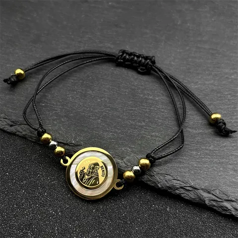 Stainless Steel San Benito Medal Woven Bracelet For Men Women Gold Silver Plated Religious Amulet Mother Of Artificial Pearl Jewelry