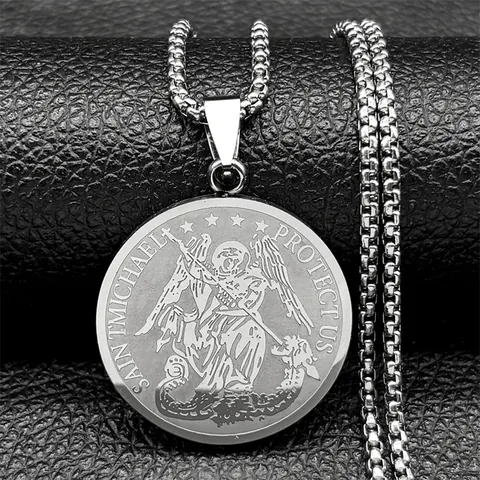 Saint Michael Protect Us Round Medallion Pendant Necklace Stainless Steel Vintage Religious Jewelry For Men Women Daily Gift