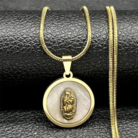 Stainless Steel Virgin Mary Mother Of Artificial Pearl Shell Pendant Necklace Religious Our Lady Of Guadalupe Round Snake Chain Jewelry