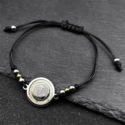 Stainless Steel San Benito Medal Woven Bracelet For Men Women Gold Silver Plated Religious Amulet Mother Of Artificial Pearl Jewelry