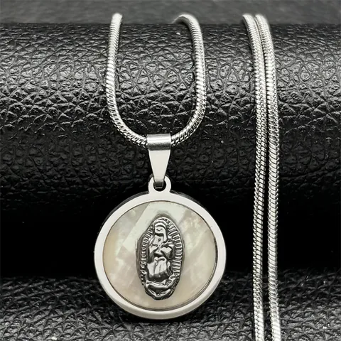 Stainless Steel Virgin Mary Mother Of Artificial Pearl Shell Pendant Necklace Religious Our Lady Of Guadalupe Round Snake Chain Jewelry