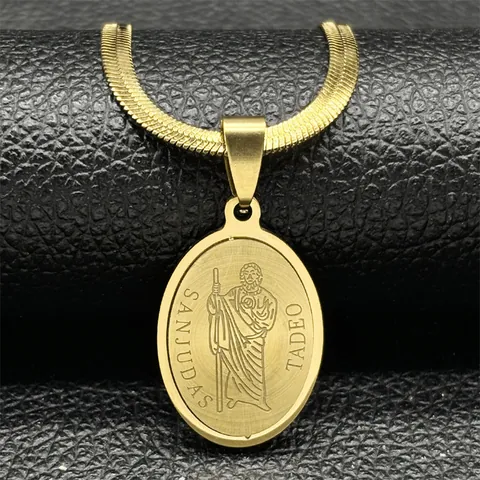 San Judas Tadeo Pendant Necklace For Men Women Stainless Steel Gold Silver Religious Figure Oval Snake Chain Jewelry Gift