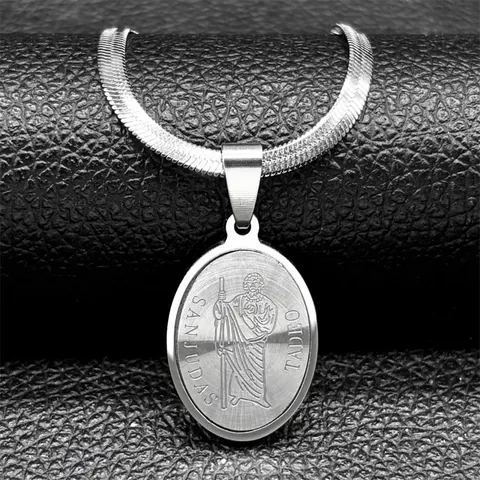 San Judas Tadeo Pendant Necklace For Men Women Stainless Steel Gold Silver Religious Figure Oval Snake Chain Jewelry Gift