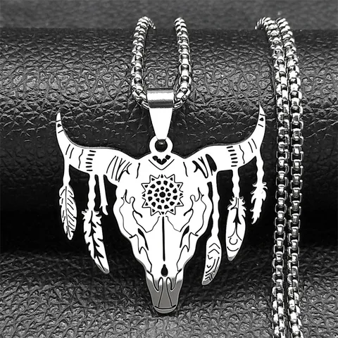 Punk Rock Stainless Steel Bull Head Skull Pendant Necklace With Feather Charms Tribal Totem Vintage Jewelry For Men Women