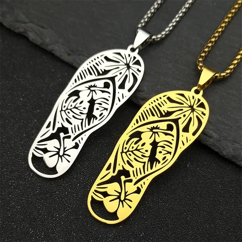 Stainless Steel Flip Flop Pendant Necklace Tropical Monstera Leaf Flower Hollow Cut Beach Summer Jewelry For Women Men